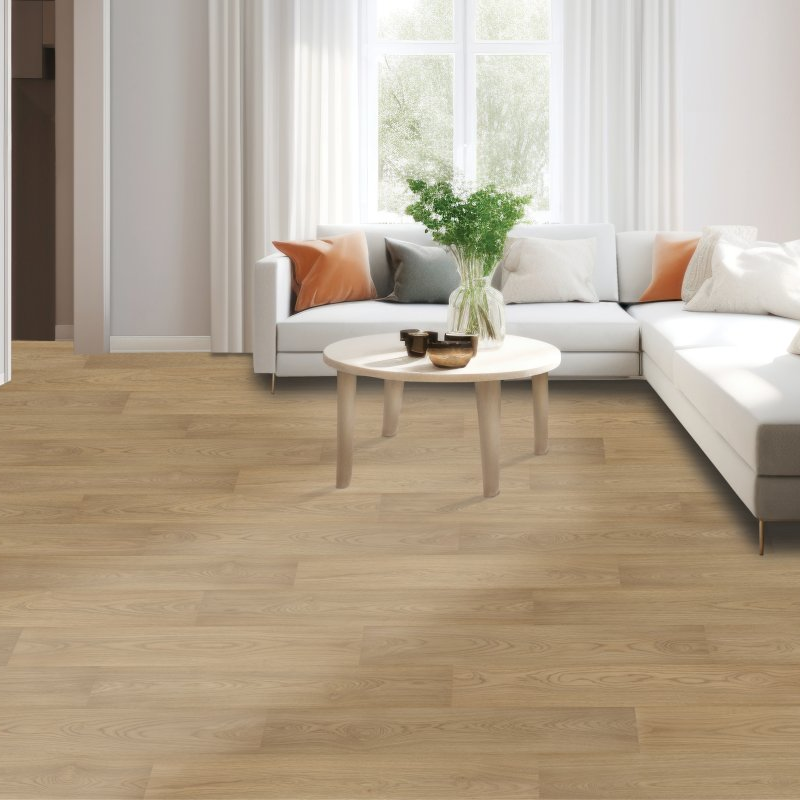 Living room with laminate flooring -  Eden Springs- Stallion Hickory